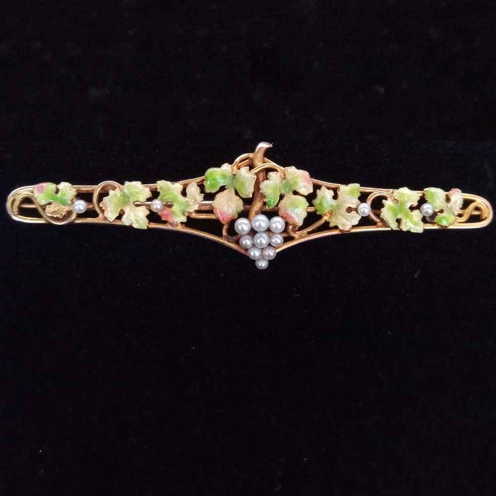Antique 14K Gold  Bar Pin Brooch Natural Pearls Enamel Grape Vine / Alling & Co.